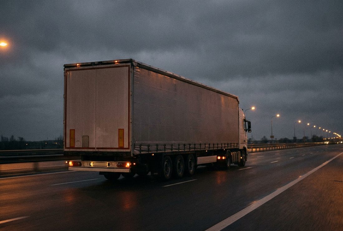 Zestaw z naczepą firankową na drodze o zmierzchu