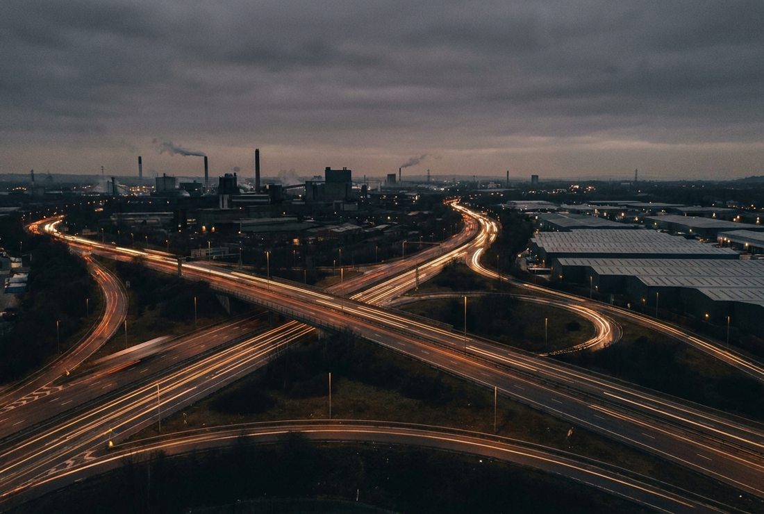 Węzeł drogowy widziany z góry o zmierzchu